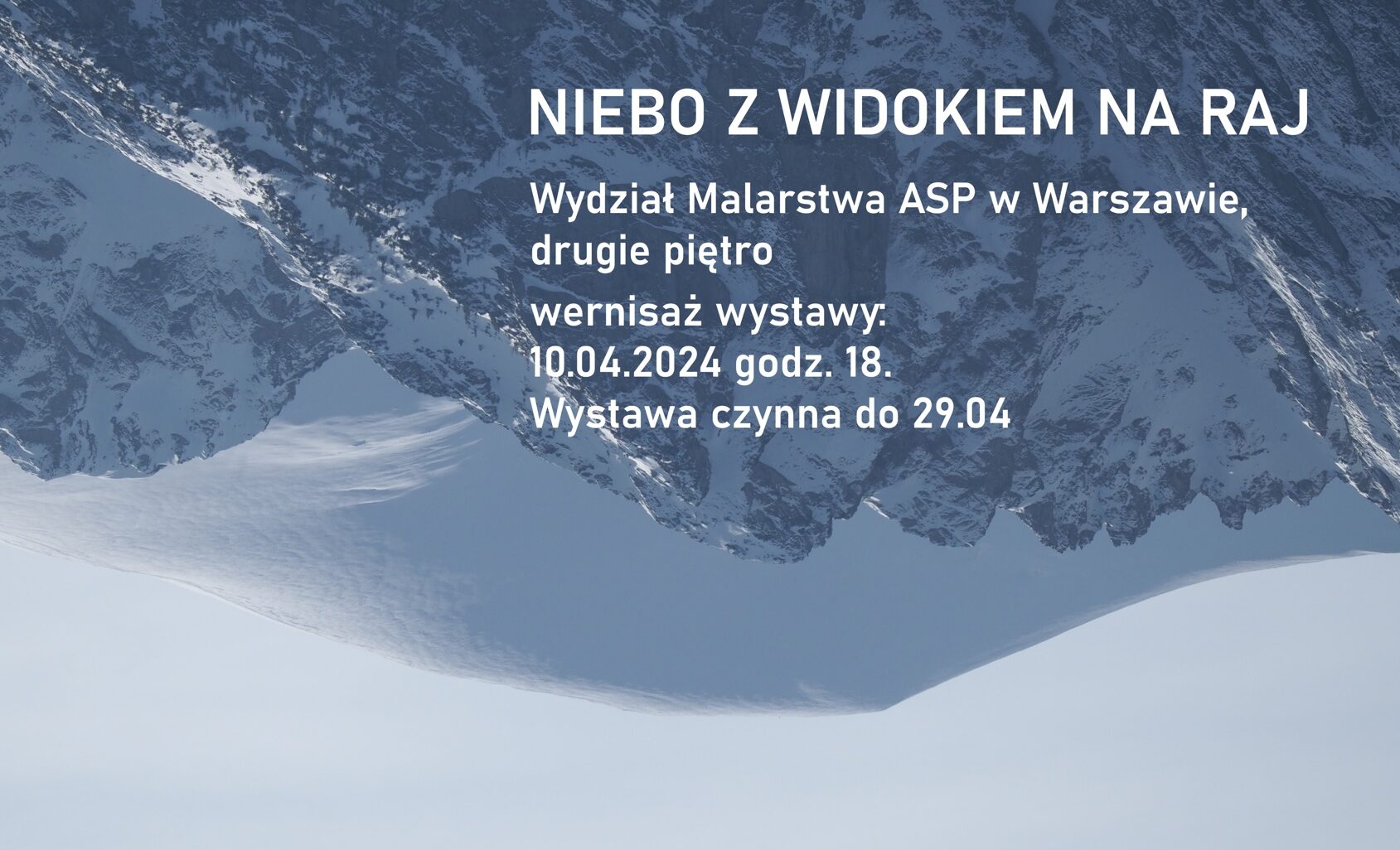 Zaproszenie na wystawę z odwróconym pejzażem górskim i nazwiskami uczestników