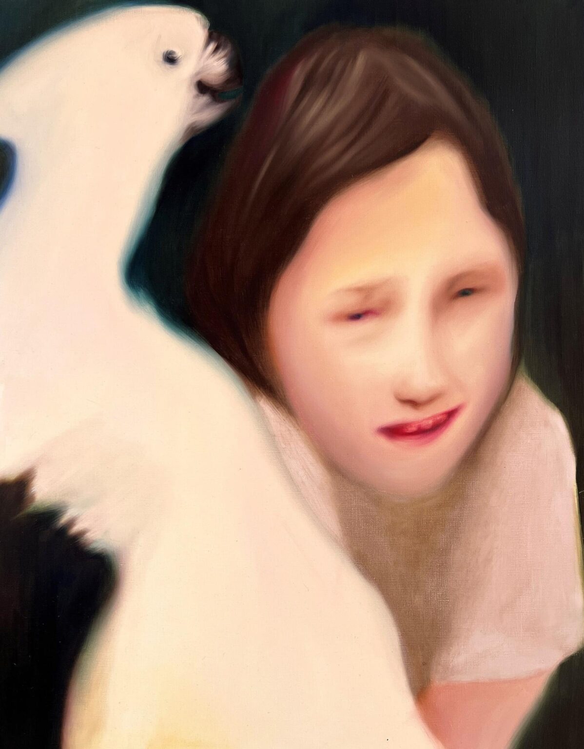 obraz olejny na płótnie przedstawiający dziewczynę z papugą