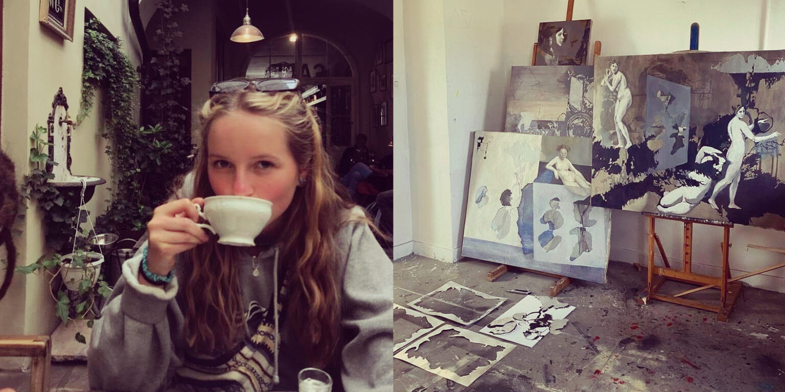 Autorka pijąca herbatę oraz zdjęcie pracowni z obrazami artystki