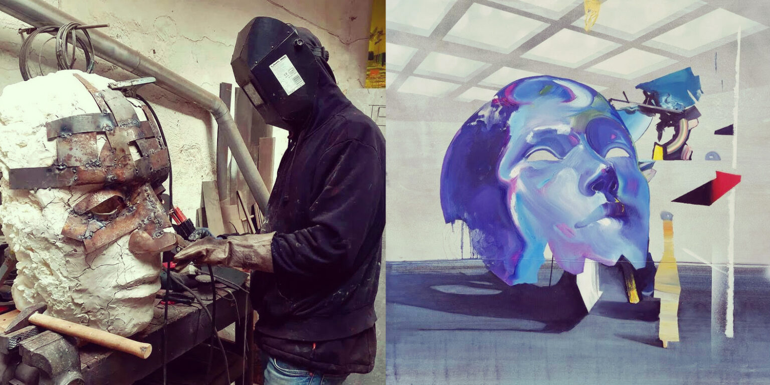 Lubosław Pirjankow podczas pracy oraz obraz L. Pirjankowa