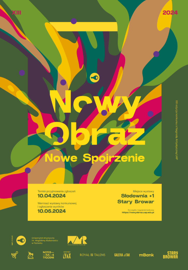 Plakat z tytułem konkursu w kolorze żółtym na wielobarwnym tle.