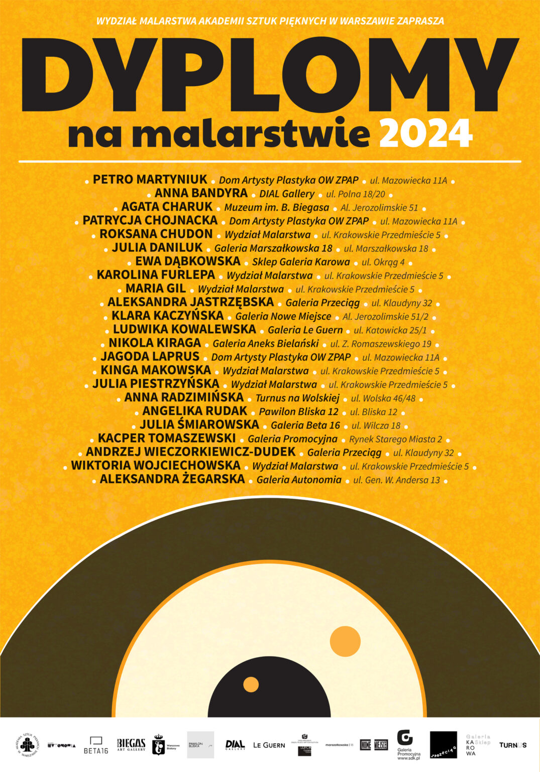 Plakat na żółtym tle z nazwiskami dyplomantek i dyplomantów