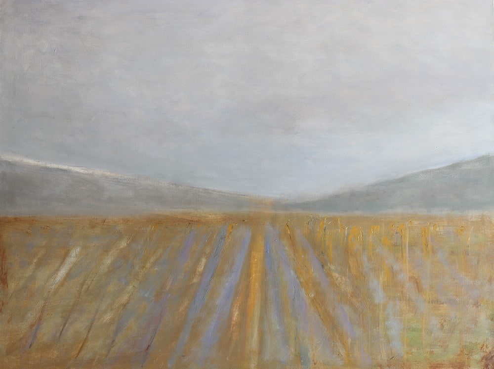 obraz olejny przedstawiające krajobraz z łąką w kolorze szarym na pierwszym planie