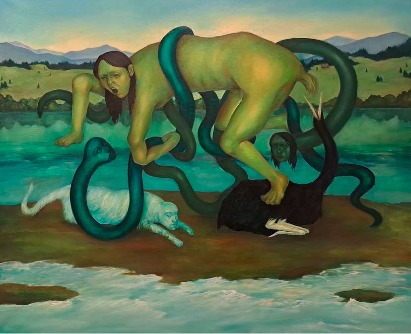 obraz Anny Laskowskiej przedstawiający hybrydalne postaci na tle pejzażu